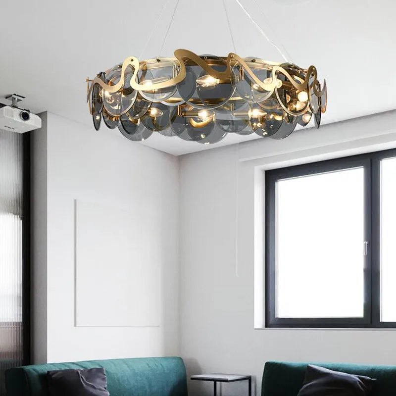 lustre rond en verre et fer pour éclairage intérieur - vue 4 sur 12