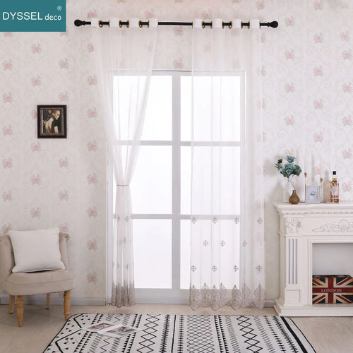 Voilage tulle brodé fleurs bord festonné style européen