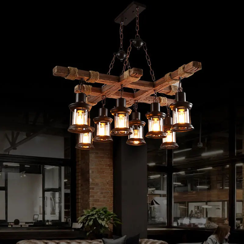 lustre industriel rétro en bois et fer avec 8 lampes - vue 5 sur 7