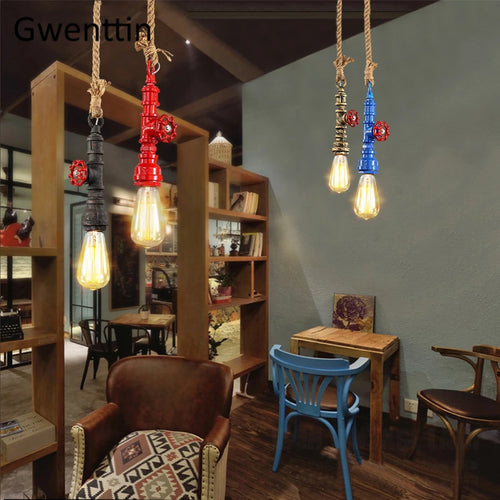 Vintage steampunk pendant light in industrial pipe and hemp rope - vue 3 sur 11