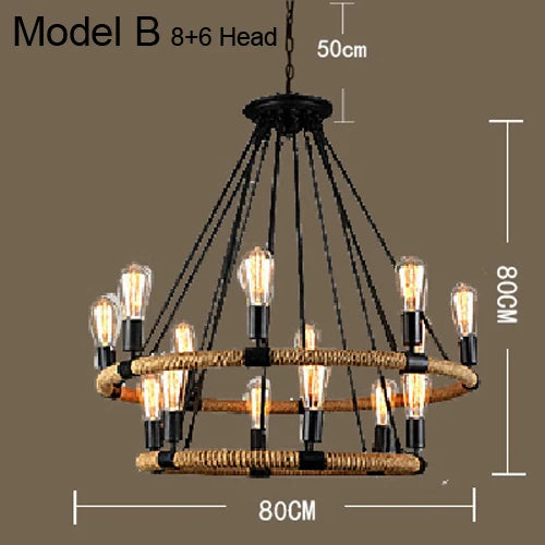 Vintage hemp rope chandelier with iron lampshade for bars and cafés - vue 9 sur 28
