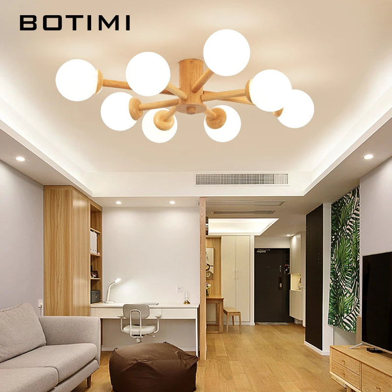 Plafonnier moderne en bois avec abat-jour en verre - vue 5 sur 8