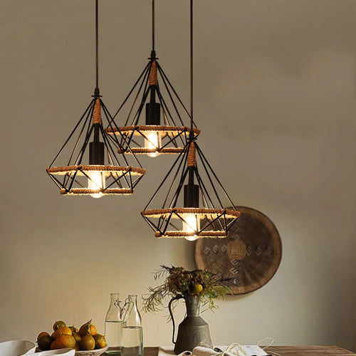 Retro pendant light in hemp rope and vintage metal - vue 2 sur 4