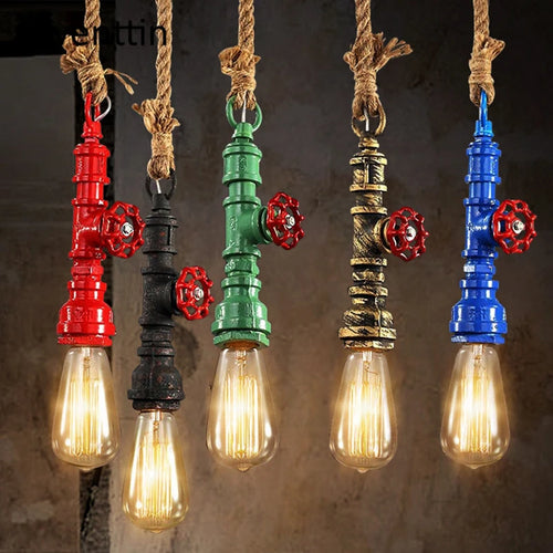 Vintage steampunk pendant light in industrial pipe and hemp rope - vue 2 sur 11