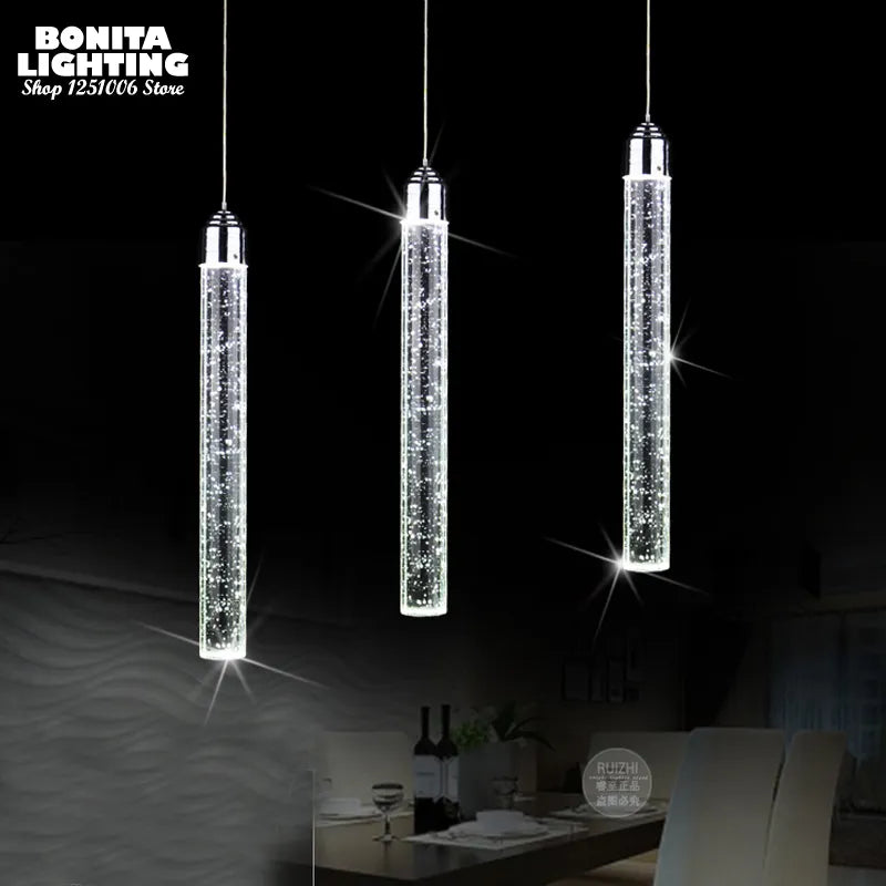 Suspension led moderne minimaliste bulle K9 lampes suspendues en cristal salle à manger cylindre long tube lampes suspendues haut plafond - vue 4 sur 8