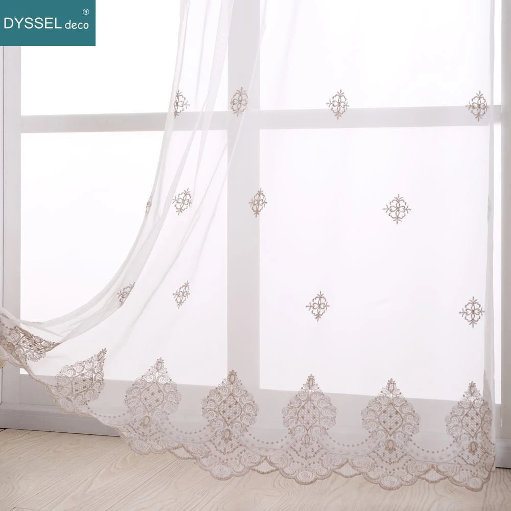 Voilage tulle brodé fleurs bord festonné style européen - vue 4 sur 8