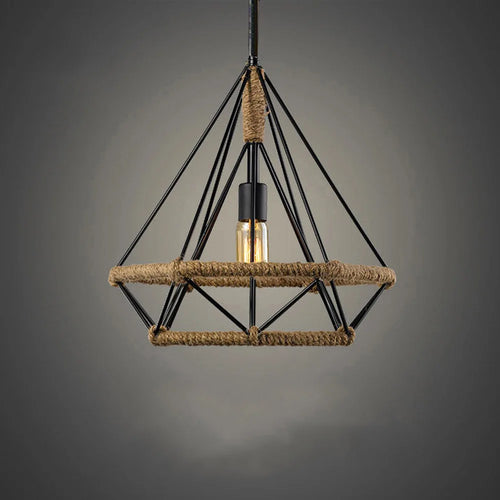 Retro pendant light in hemp rope and vintage metal - vue 4 sur 4