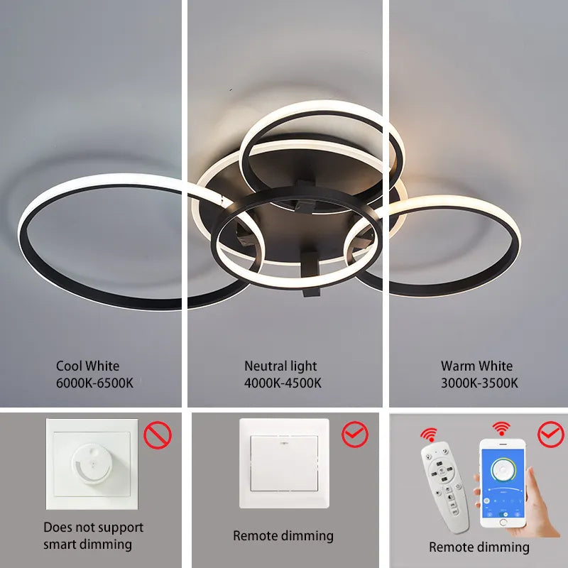 Lustre Led moderne anneau Led plafonniers salon chambre lumières plafond noir/blanc 1-5 anneau d'éclairage APP/lustre à distance - vue 6 sur 16