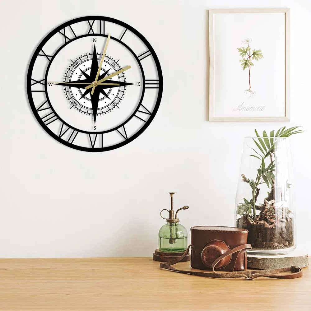 horloge murale silencieuse avec boussole et carte nautique - vue 4 sur 8