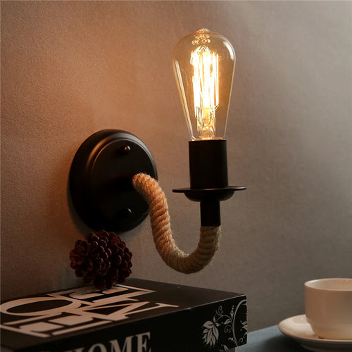 American vintage retro hemp rope wall light - vue 3 sur 6
