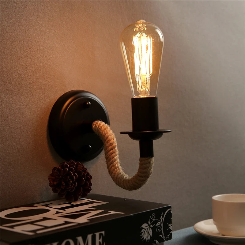 American vintage retro hemp rope wall light - vue 3 sur 6