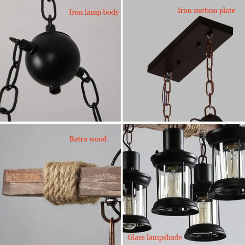 lustre industriel rétro en bois et fer avec 8 lampes