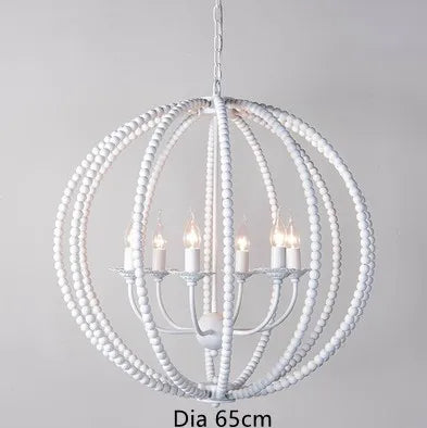 lustre rond en perles de bois style rétro rustique en fer blanc - vue 8 sur 11