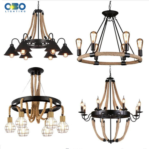 Vintage hemp rope chandelier with iron lampshade for bars and cafés - vue 6 sur 28