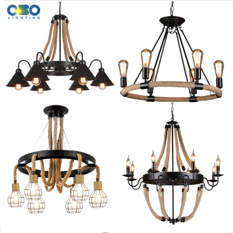 Vintage hemp rope chandelier with iron lampshade for bars and cafés - vue 5 sur 28