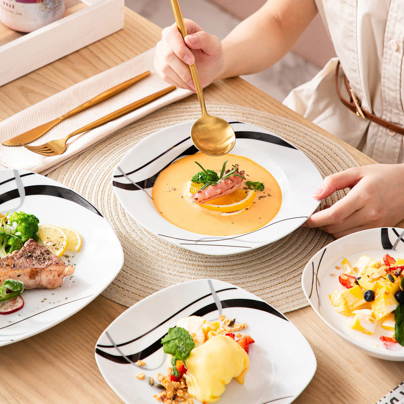 Service de table 24 pieces ceramique carre raye