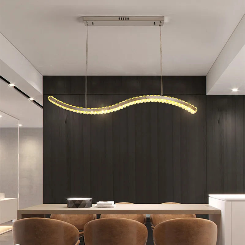 lustre moderne en cristal et acier inoxydable en longue bande - vue 4 sur 17