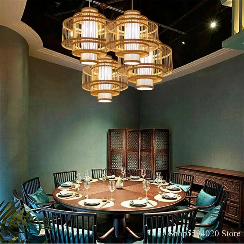 suspension en bois chinois design lumineux pour restaurant japonais - vue 11 sur 14