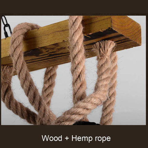 5 head loft pendant lamp with hemp rope and wood for dining room, restaurant or cafe vintage style chandelier - vue 6 sur 8