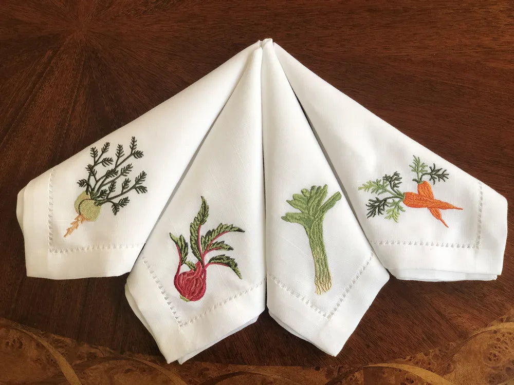 Serviette de table lin coton brodée légumes ajourée - vue 3 sur 6