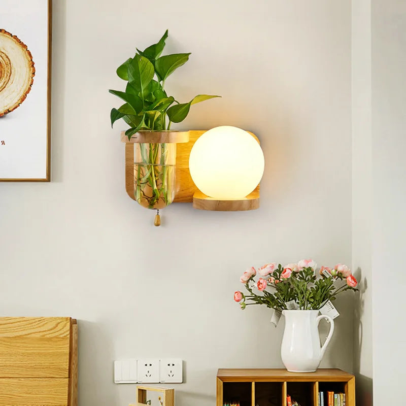 applique murale nordique bois plante verte abat-jour verre led