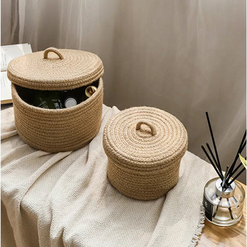 Cosmetics Storage Box, Jute Woven Basket, Tabletop Key, Remote Control Container, Snack Case with Cover Organizer, ECO Friendly - vue 3 sur 11