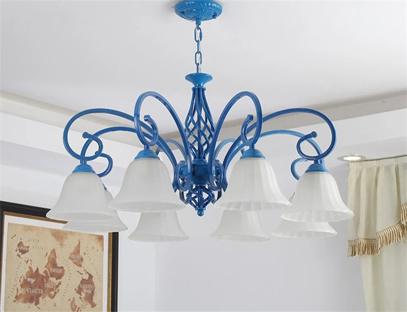 lustre suspendu en fer forgé avec abat jour en verre vintage - vue 6 sur 9