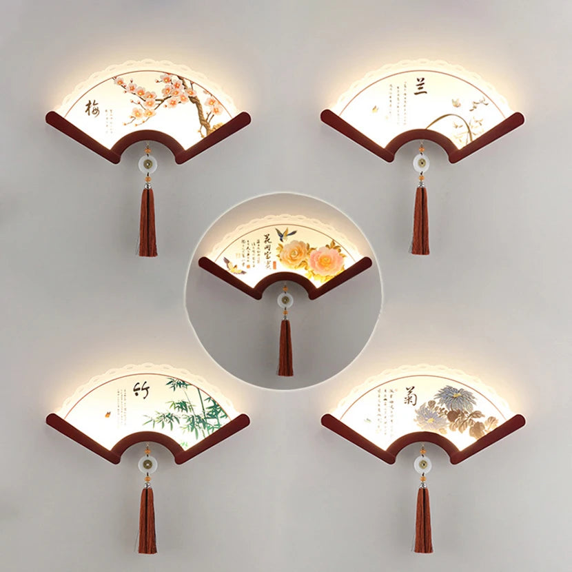 applique murale en bois éventail à led design rétro asiatique décoratif - vue 2 sur 18