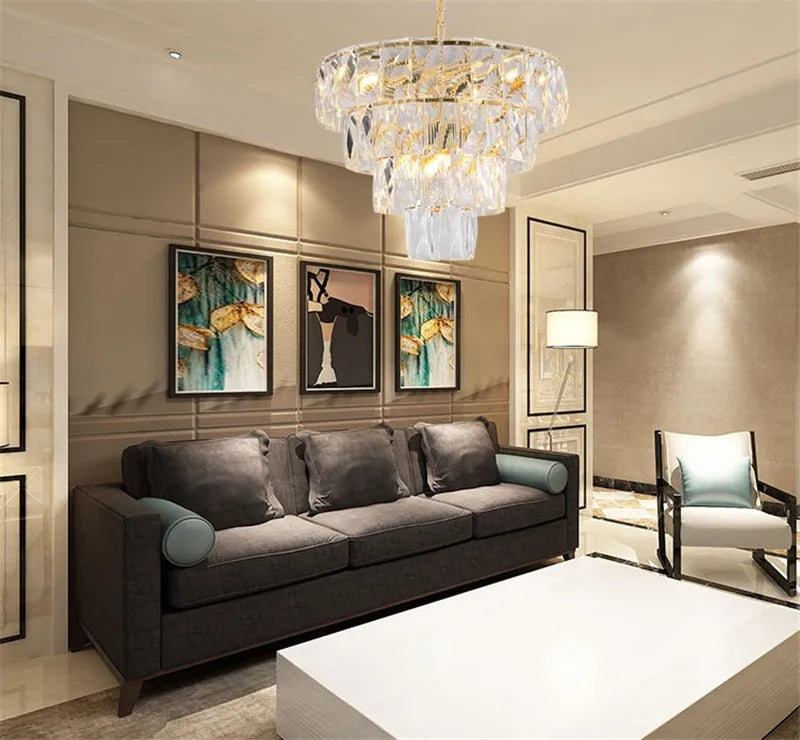 lustre rond en acier doré avec éclairage led en cristal - vue 7 sur 8