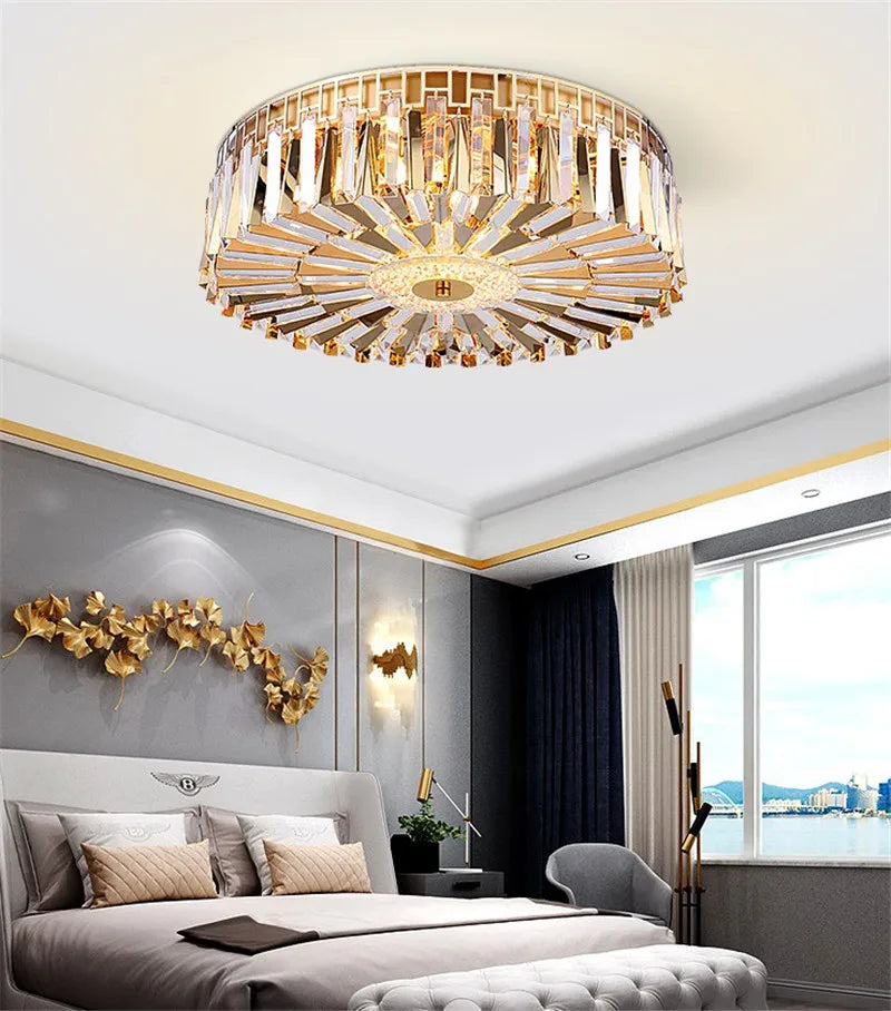 plafonnier moderne rond en cristal doré pour intérieur élégant - vue 7 sur 6