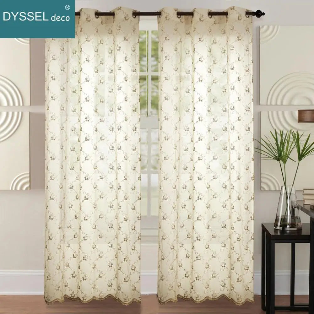 Rideau transparent brodé floral festonné pour salon - vue 8 sur 8