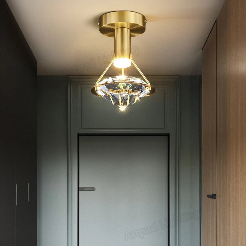 plafonnier de luxe en cuivre avec luminaire moderne en cristal