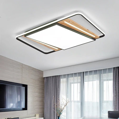 Modern nordic square LED ceiling light in wood and iron, minimalist - vue 3 sur 12