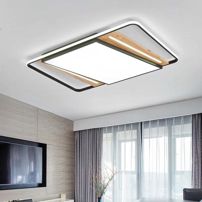 Modern nordic square LED ceiling light in wood and iron, minimalist - vue 3 sur 12