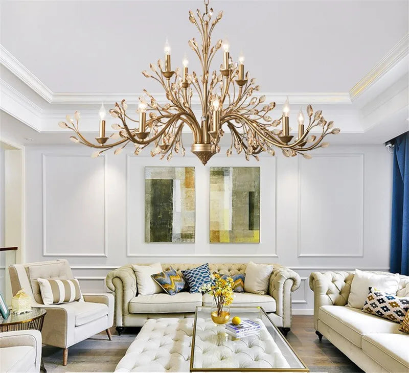 lustre américain en fer forgé avec cristal vintage en branches dorées - vue 6 sur 6