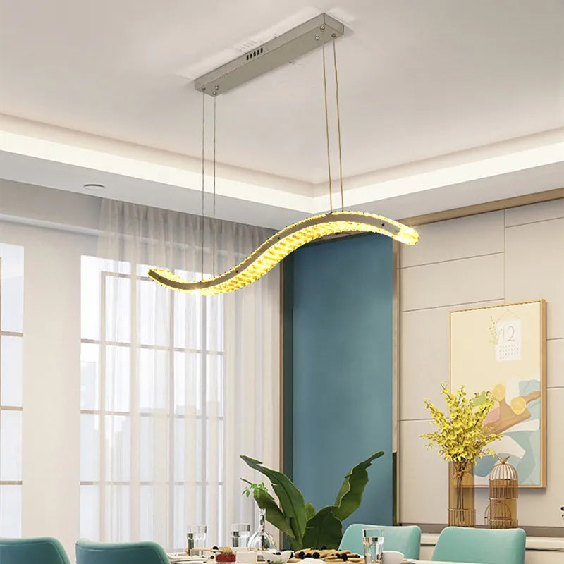 lustre moderne en cristal et acier inoxydable en longue bande