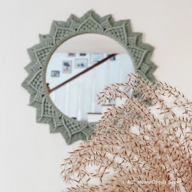 miroir décoratif en macramé style bohème pour décoration intérieure - vue 3 sur 11