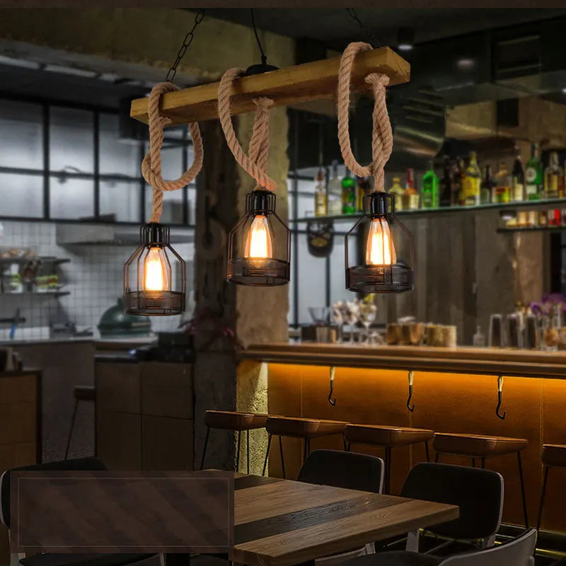 lustre industriel rétro avec 3 têtes en bois et corde de chanvre - vue 4 sur 8