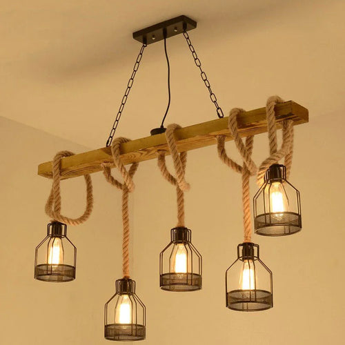 5 head loft pendant lamp with hemp rope and wood for dining room, restaurant or cafe vintage style chandelier - vue 3 sur 8