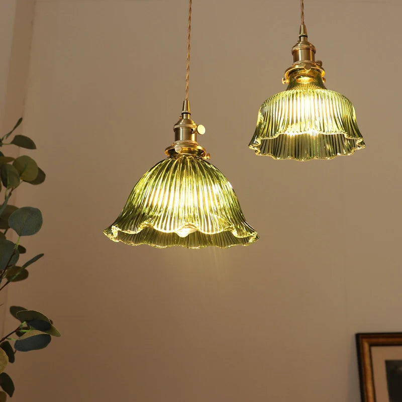 Suspension en verre vert foncé salle à manger chambre chevet Bar café suspension Luminaire rétro lampes suspendues en laiton pour plafond - vue 7 sur 14