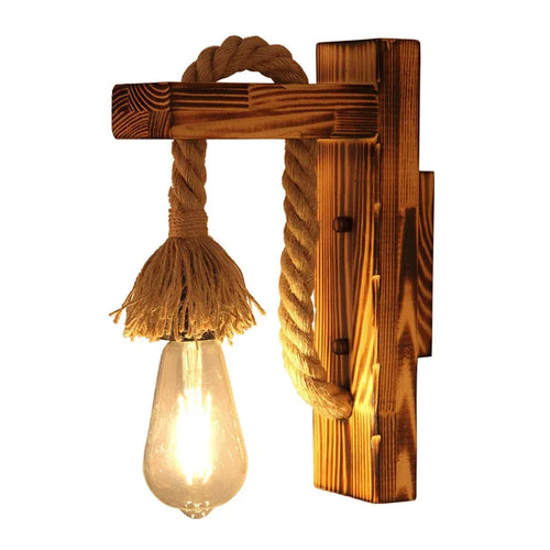 Vintage industrial LED wooden and rope wall light - vue 11 sur 12