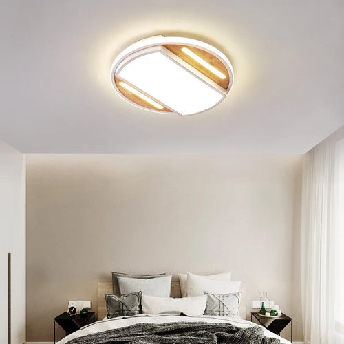 Modern nordic square LED ceiling light in wood and iron, minimalist - vue 4 sur 12