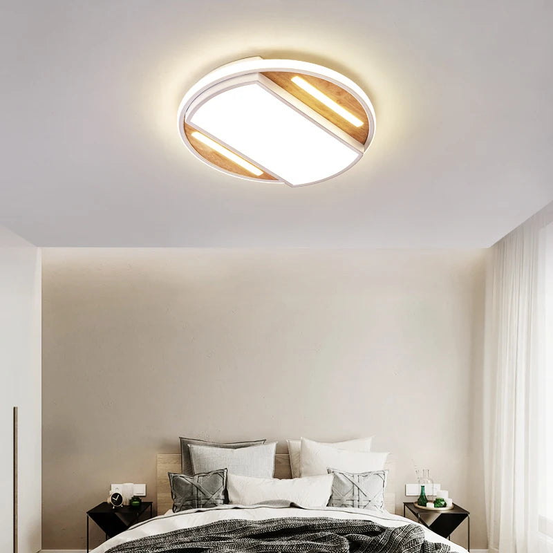 Modern nordic square LED ceiling light in wood and iron, minimalist - vue 4 sur 12