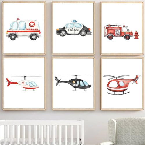 décoration murale camion de pompiers ambulance et avion pour enfants