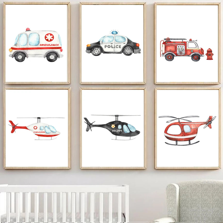 décoration murale camion de pompiers ambulance et avion pour enfants - vue 3 sur 5