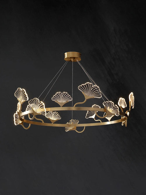 lustre en cuivre simple avec feuilles design led style chinois - vue 2 sur 9