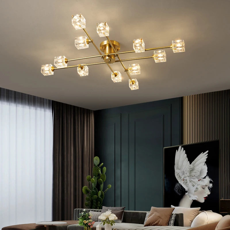 plafonnier moderne en cuivre avec cristal élégant nordique - vue 2 sur 9
