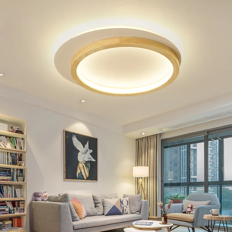plafonniers led rondes modernes nordiques en acrylique et bois - vue 6 sur 8