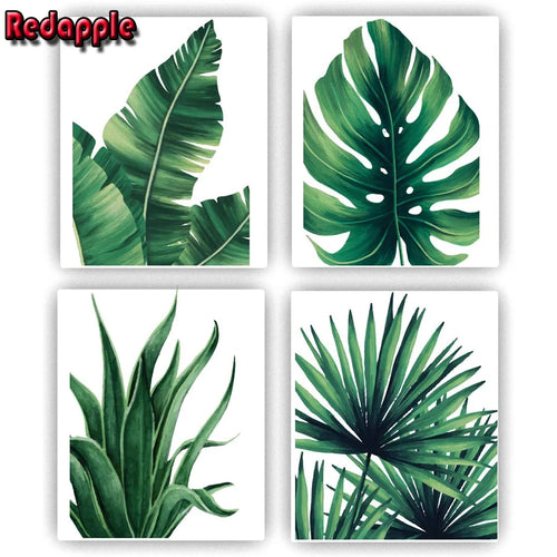 Watercolor painting of tropical plant pictures, full drill embroidery mosaic, Palm banana green leaves Art, 4 PCs - vue 3 sur 7