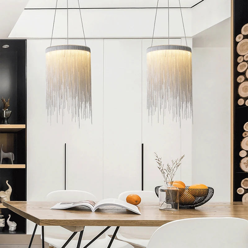 lustre moderne en aluminium avec pampilles rondes et éclairage led - vue 5 sur 7